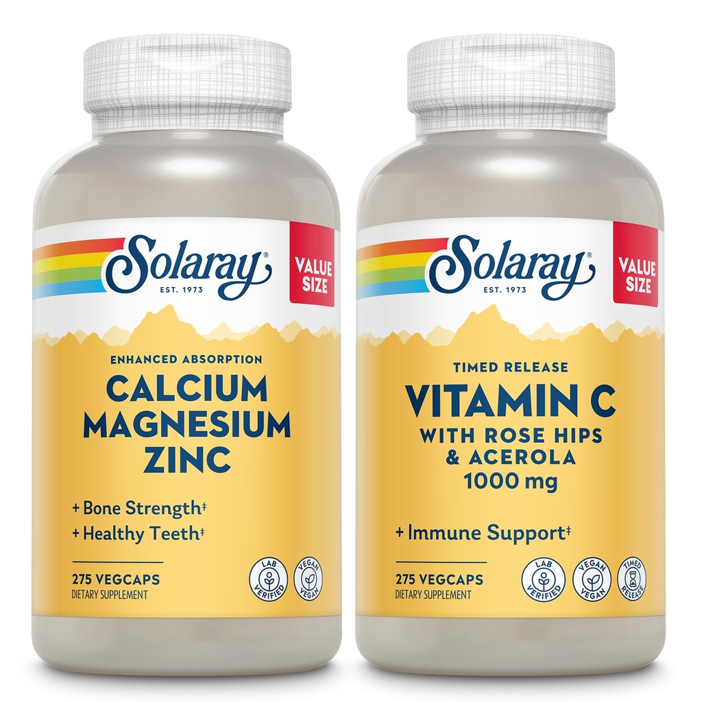 SOLARAY Calcium Magnesium Zinc and Timed Release Vitamin C - Bone Health, Immune Support Bundle, 1000mg Calcium, 500mg Magnesium, 1000mg Vitamin C Supplement, Vegan, 60-Day Guarantee, 275 VegCaps Cada