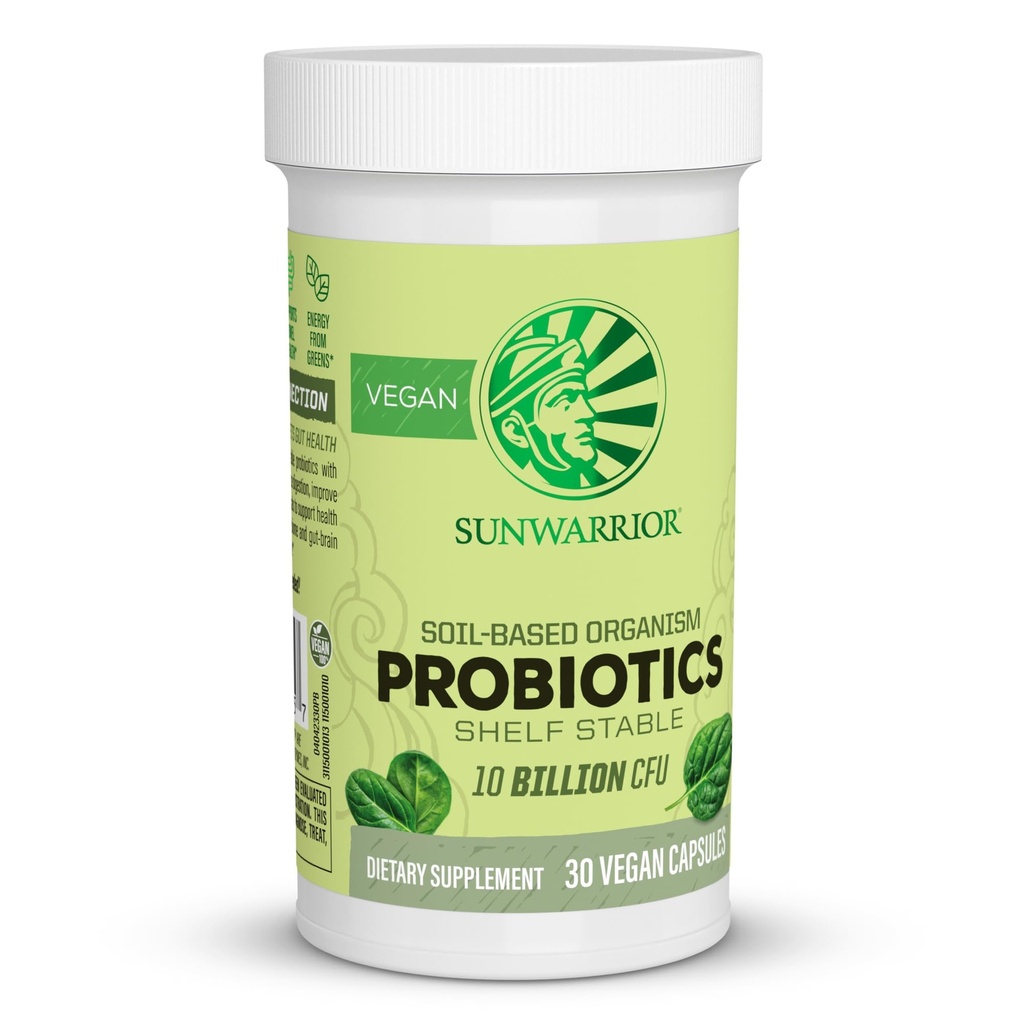 Sunwarrior Probióticos Capsules Vegan basados en suelos ← 10 mil millones de CFU para la digestión Soy libre de gluten libre de lácteos