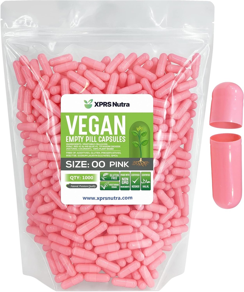 XPRS Tamaño Nutra 00 cápsulas vacías - 1000 cápsulas vacías - Láminas vacías vegetarianas - DIY Vegetal Capsule Filling- Veggie Pill Caps (Pink)