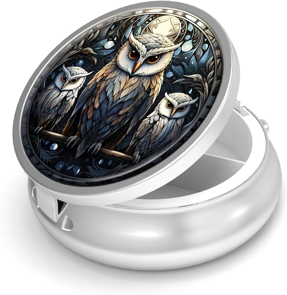 Pill Box-3 Compartment Small Pill Case for Purse & Pocket Mini Contenedor de carga de metal para mantener suplementos Vitaminas libres de BPA (Owl)