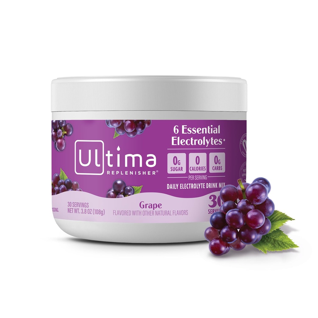 Ultima Replenisher Daily Electrolyte Powder Drink Mix – Grape, 30 Servings Canister – Zero Sugar Hydration Powder with 6 Electrolytes & Minerals – Sugar Free, Plant-Based & Keto Friendly