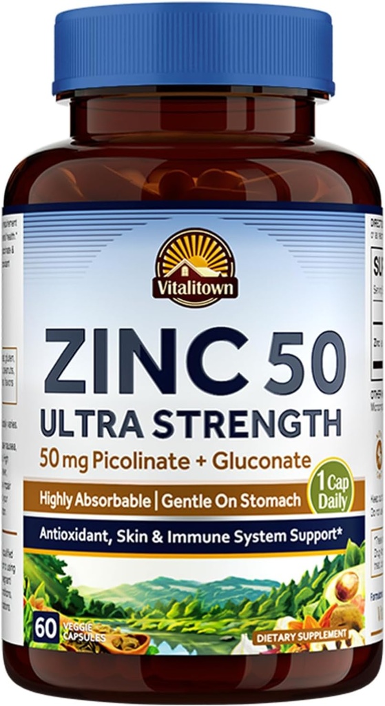 [BRSWYCAQOFYQY2T7] Vitalitown Zinc 50 mg, Zinc Picolinate, Zinc Gluconate, 60 Veggie Capsules, No Zinc Oxide, Well-Absorbed, Chelated Zinc Supplement, Immune System, Healthy Skin & Development, Vegan, NO Gluten, Non-GMO