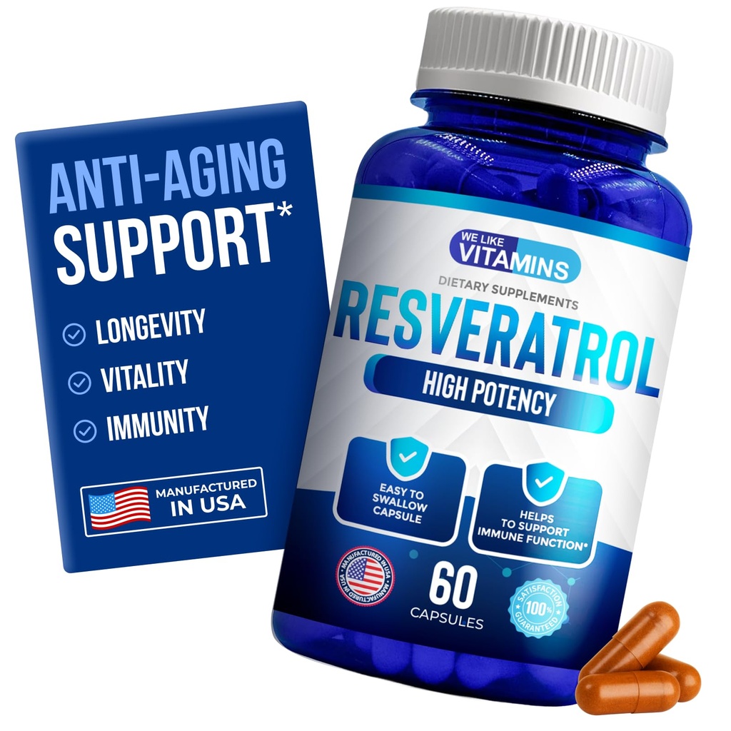 Nos gusta vitaminas Resveratrol 1000mg por servicio - 60 cápsulas de verduras fáciles de absorber - Suplemento de Resveratrol natural 1000mg - Suplementos antioxidantes Ayuda Apoyo Sistema de Inmunidad