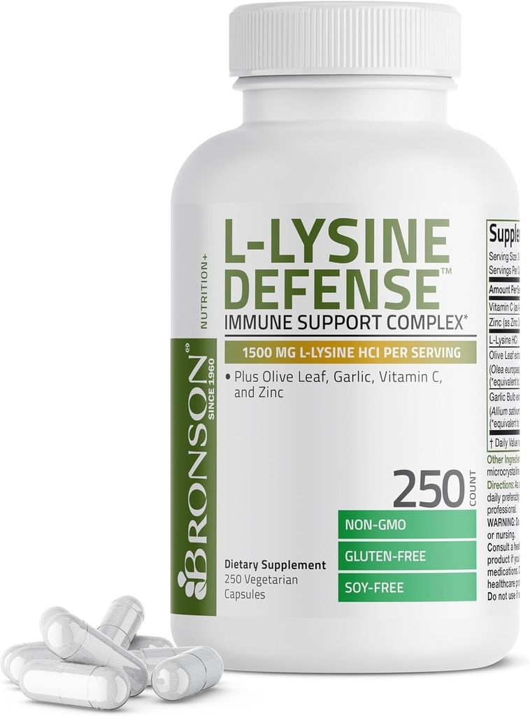 [BRSWYGQLPN5GOETB] Bronson L-Lysine Defense Immune Support Complex 1500 MG L-Lysine Plus Olive Leaf, Ajo, Vitamina C y Zinc - Non-GMO, 250 cápsulas vegetarianas