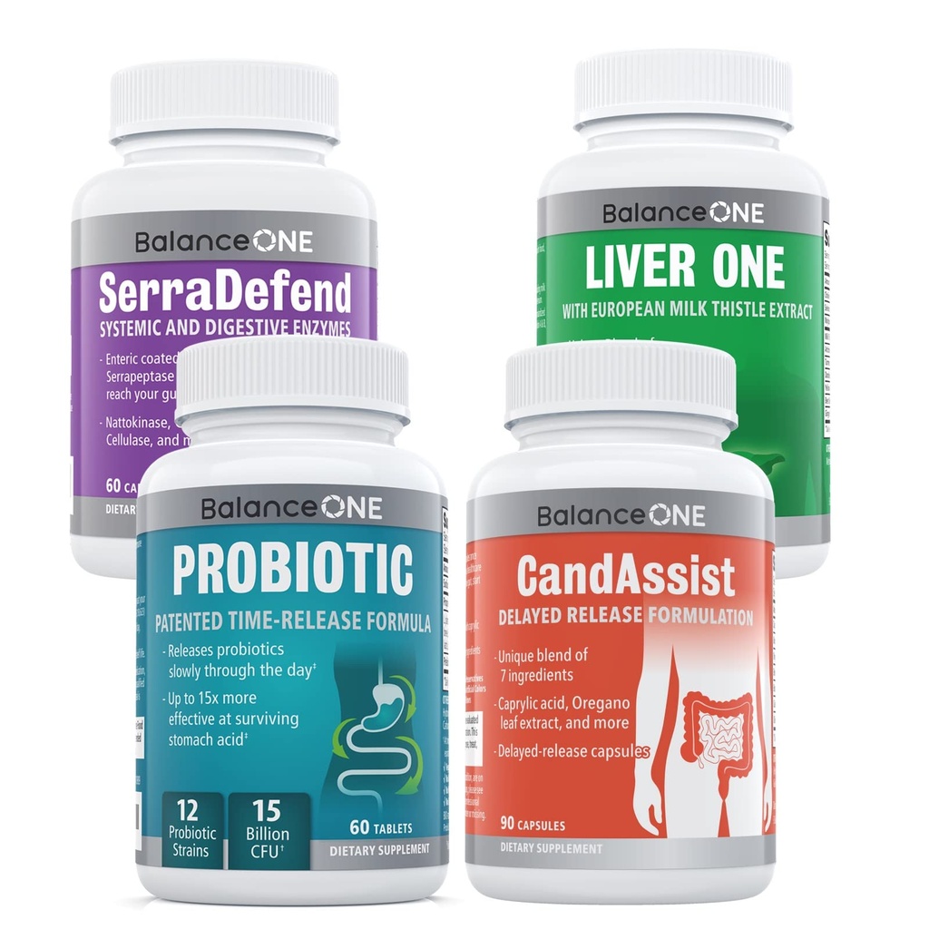 Balance ONE 4-in-1 Bundle ← Probiótico, CandAssist, Liver One, SerraDefend  15 Billion Probiótico Silencio Natural Cleanse with Caprylic Acid