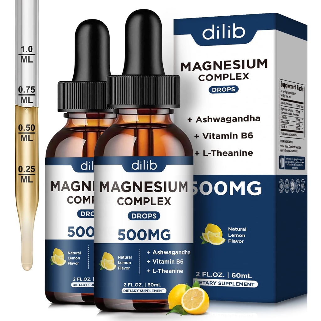 (2 Pack) Magnesium Glycinate, Citrate, Malate Liquid Drops-Triple Magnesium Complex Suplemento 500mg con Ashwagandha, L-Theanine, Vitamina B6-Support Calm, Stress Relief, Sleep, Muscle-Lemon Flavor