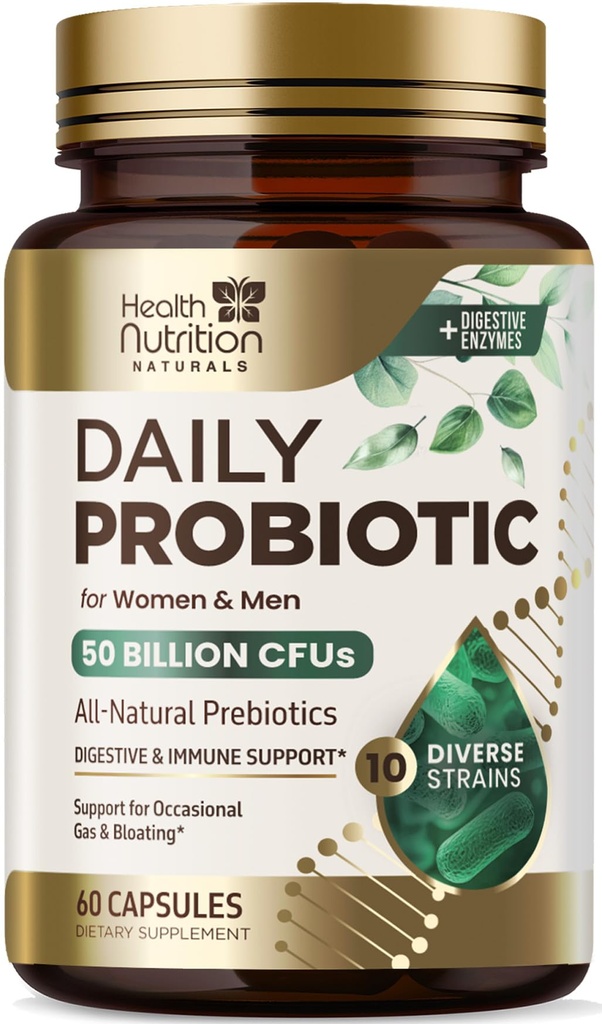 Probiotics 50 Billion CFU per Serving - 10 Strains + Prebiotics - Digestive Health, Gut & Immune Support - Occasional Constipation, Gas & Bloating Support for Women & Men, Bottled USA - 60 Capsules