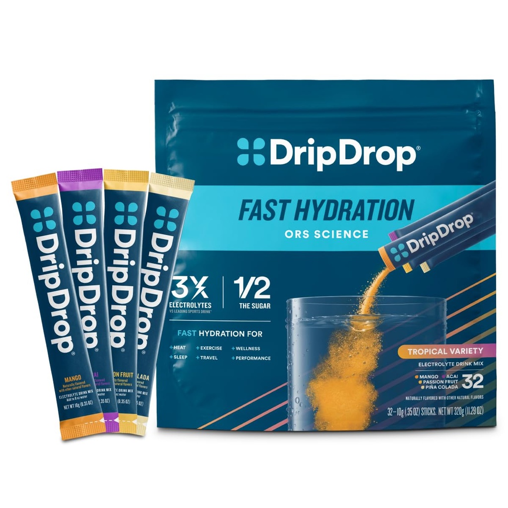 DripDrop Hydration Packets - Empaquetado de Variedad Tropical - Electrolitos de Servición Individual Powder Drink Mix - Mango, Açaí, Fruta de Pasión, Piña Colada - Sin Gluten, Vegan - 32 Sticks