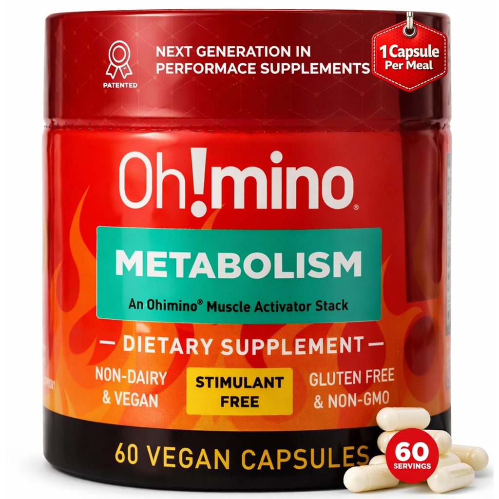 Metabolismo Oh!mino Suplemento de apoyo para la grasa eficiente a la conversión de energía w/L-Carnitina, Fenilcapsaicina, " Vitamina B3 - No-Jitters, libre de estimulantes, veganos, cápsulas no-dairy (60 serviendo)