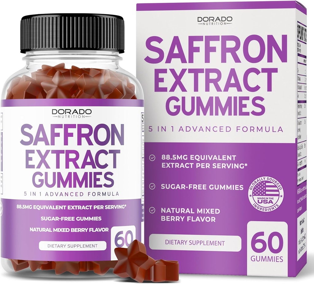 Suplementos de Saffron (60 Gummies) - Sugar Free Gummy 88.5mg Equivalent Extract - 5 in 1 Advanced Formula - Delicious Raspberry Flavor - Non GMO - Vegan & USA Made