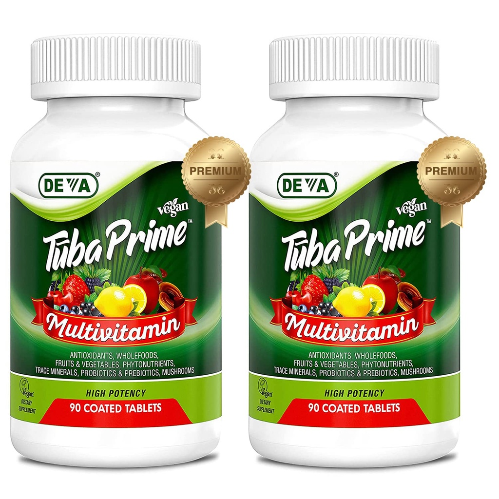 DEVA Tuba Prime Vegan Multivitamínico de alta potencia Vitamina y suplemento dietético mineral Antioxidantes, Frutas y Hortalizas, Super hongos, Probióticos, Prebióticos, Semillas, Herbs - 90 Tabs, 2-Pack