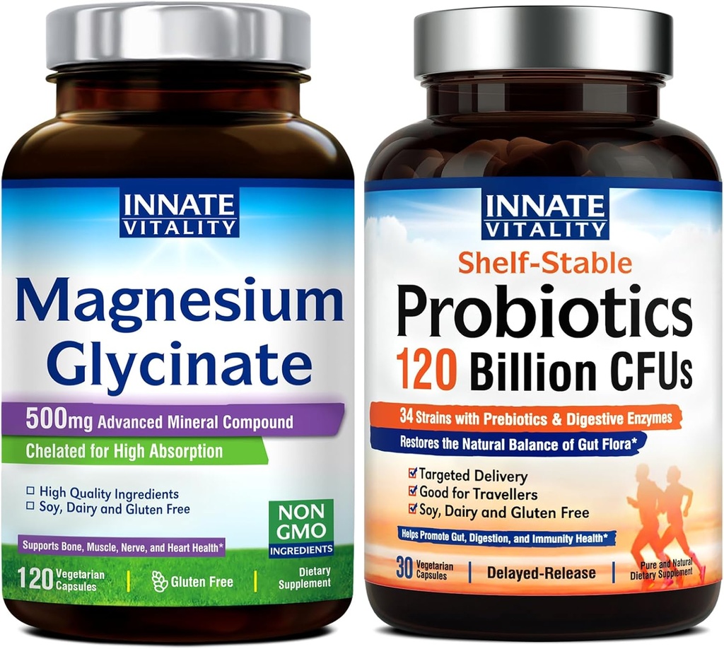 Innato Vitality Magnesium Glycinate & Probiotics 120 Billion Bundle, Non-GMO, No Gluten Dairy Soy & Vegan, Magnesium (120 Caps) & Probiotic (30 Caps)