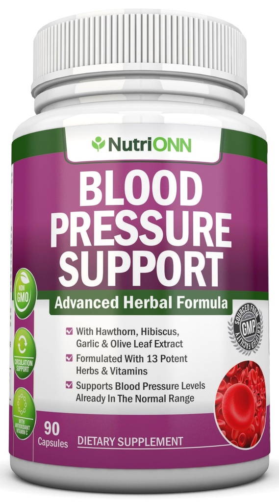 Suplemento de apoyo a la presión sanguínea - 13 hierbas & vitaminas - con Hawthorn, Hibiscus, extracto de ajo y hoja de oliva - Suplemento natural para hombres de mujeres - cápsulas de alta resistencia - no GMO - 90 días de suministro