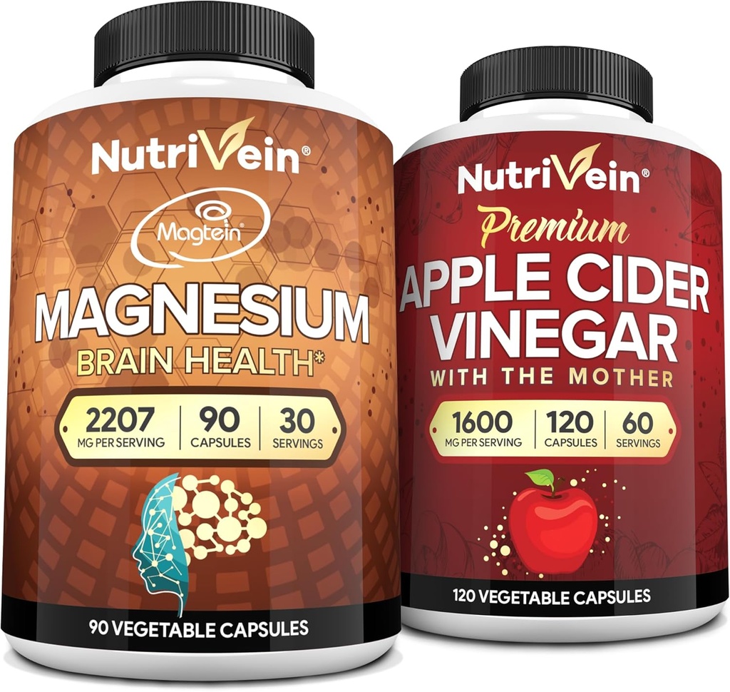 Nutrivein Premium Apple Cider Vinegar Capsules & Magnesium L-Threonate Bundle: High-Absorption Magnesium Threonate Suplemento y Apple Cider Vinegar Suplementos para Cerebro, Gut, & Well-Being