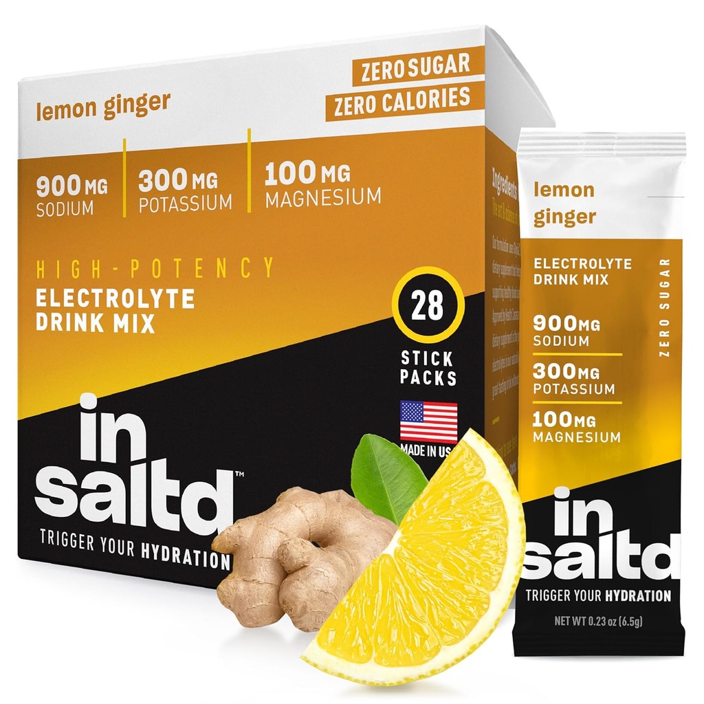INSALTDTM Los electrolitos libres de azúcar Powder Packets con No Stevia Aftertaste ← Paquetes de hidratación de alta potencia Bebidas de electrolitos ← Intermittent Fasting Drink Mix ← 28 Pack (Lemon Ginger)