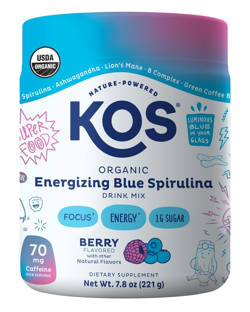 KOS Energizing Blue Spirulina Blend - USDA Certified Organic - B Vitamins, Ashwagandha, Ginseng, Adaptogens, Biotin - Vegan Pre Workout Powder - Caffeinated, Berry Flavored, 28 Servings