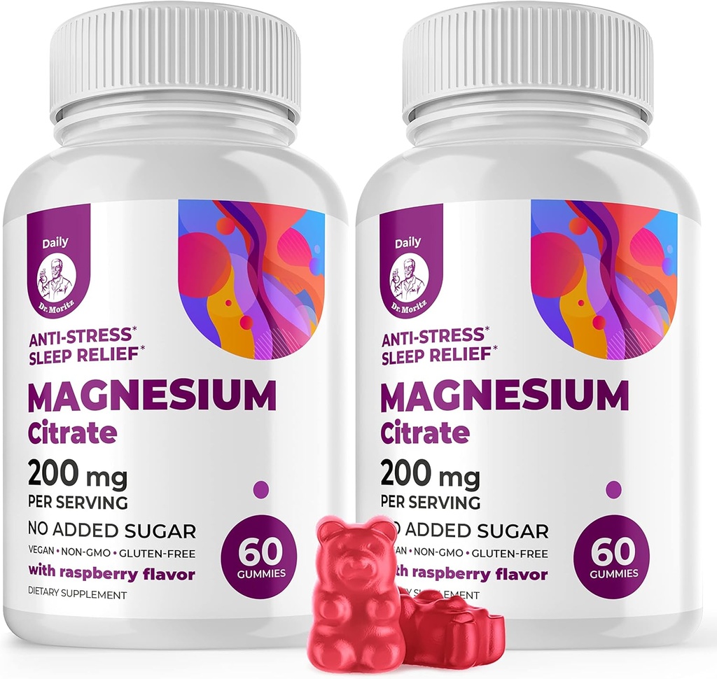 DR. MORITZ Magnesium Gummies para adultos - Magnesio de calma sin azúcar Gummies - Asistencia para una respuesta saludable de estrés - Raspberry Flavor - Non-GMO, 200 mg, 2 Pack (120 Conteo)