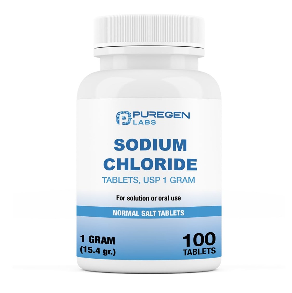 Puregen Labs Sodium Chloride Tablets 1 gm (1000 mg), USP TEN (15.4gr.) TENIDO 100 Conteo TENIDOS Tablas de Sal Normal TENIDO EN EE.UU.