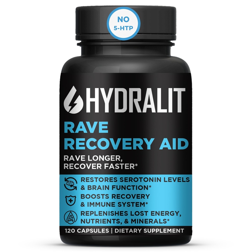 Ayuda de recuperación de rave Vitaminas después de las píldoras de alivio de fiesta Music Festival Accesorios Rave Essentials 5-HTP Suplemento Electrolytes Hidration Better Mornings Serotonin Energy Hangover 120 Capsules