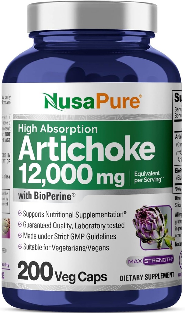 [BRSROCAKPN5QKALL] NusaPure Artichoke 20:1 Extracto, 600 mg Equivalente a 12,000 mg 200 gorros Veggie (No-GMO, Gluten Free)