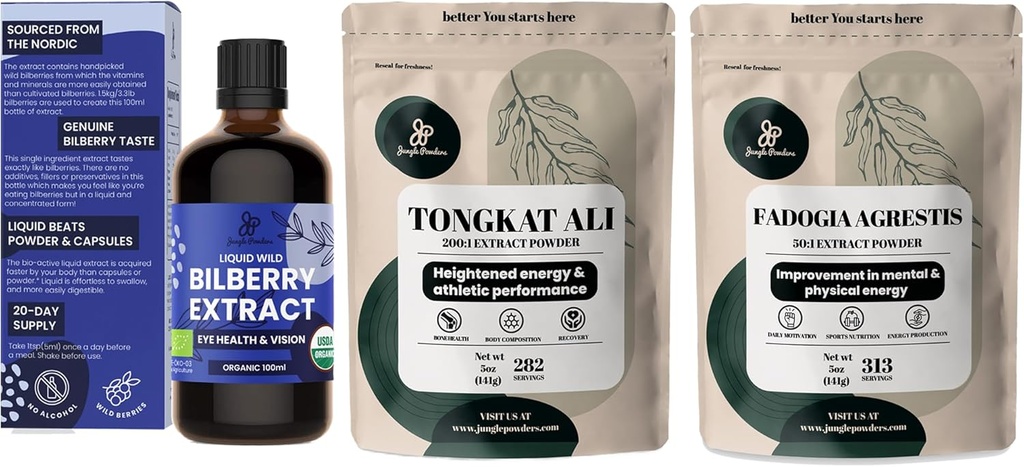 Extracto de mora para ojos orgánico 3.4 onza Botella de suplemento de mora líquido para ojos, Tongkat Ali para hombres Polvo 5 bolsa de onza, Fadogia Agrestis Extracto para hombres