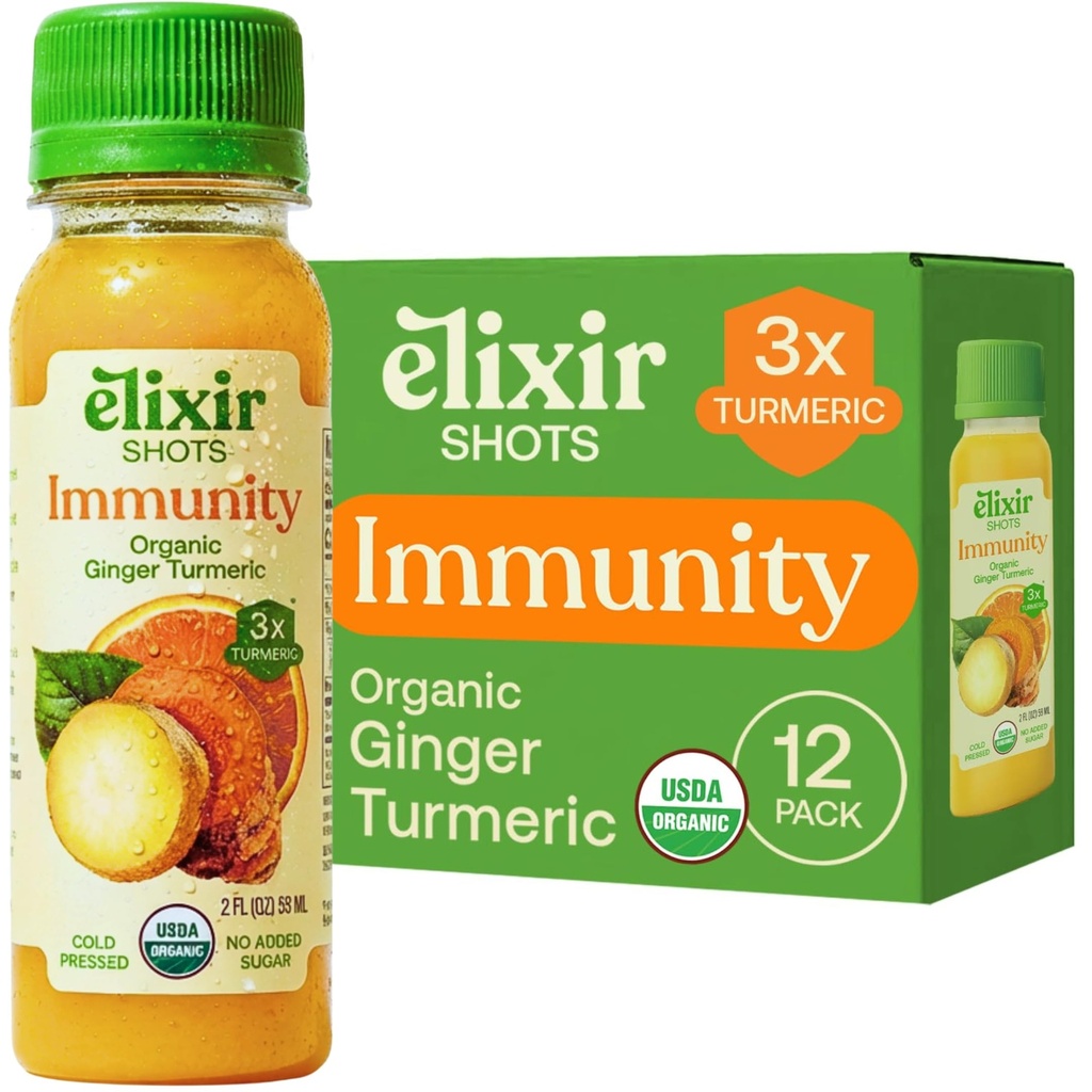 Zapatos de Elixir, Inmunity Boost Wellness Shot with Cold-Presed Turmeric, Ginger, Orange and Black Pepper, No Añadido Azúcares o Ingredientes Artificiales,12-pack