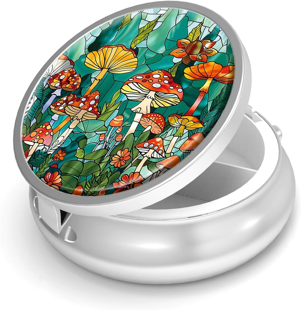Pill Box-3 Compartment Small Pill Case for Purse &amp; Pocket Mini Metal Pill Holder Travel Pill Container to Hold Supplements Vitamins BPA-Free (Mushroom Forest)