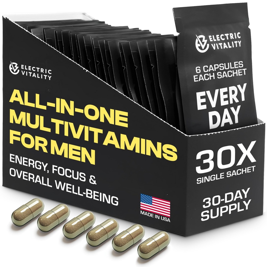 Multivitaminas para Hombres - Todo en un paquete para la energía y el foco, vitaminas para el rendimiento mental y la salud, empaquetado con Tongkat Ali, Shilijit, Vitamina C, B3, A, B12, 30 Pk