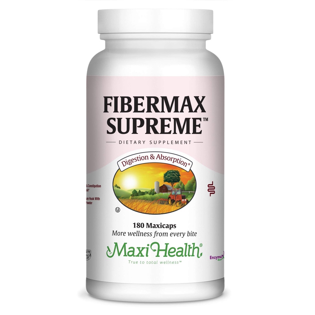 Maxi Health Fibermax Supreme – Fiber Capsules for Gentle Digestive and Gut Support – Vegetarian Psyllium Husk Capsules – Kosher Fiber Supplement for Men and Women (180 Conde)