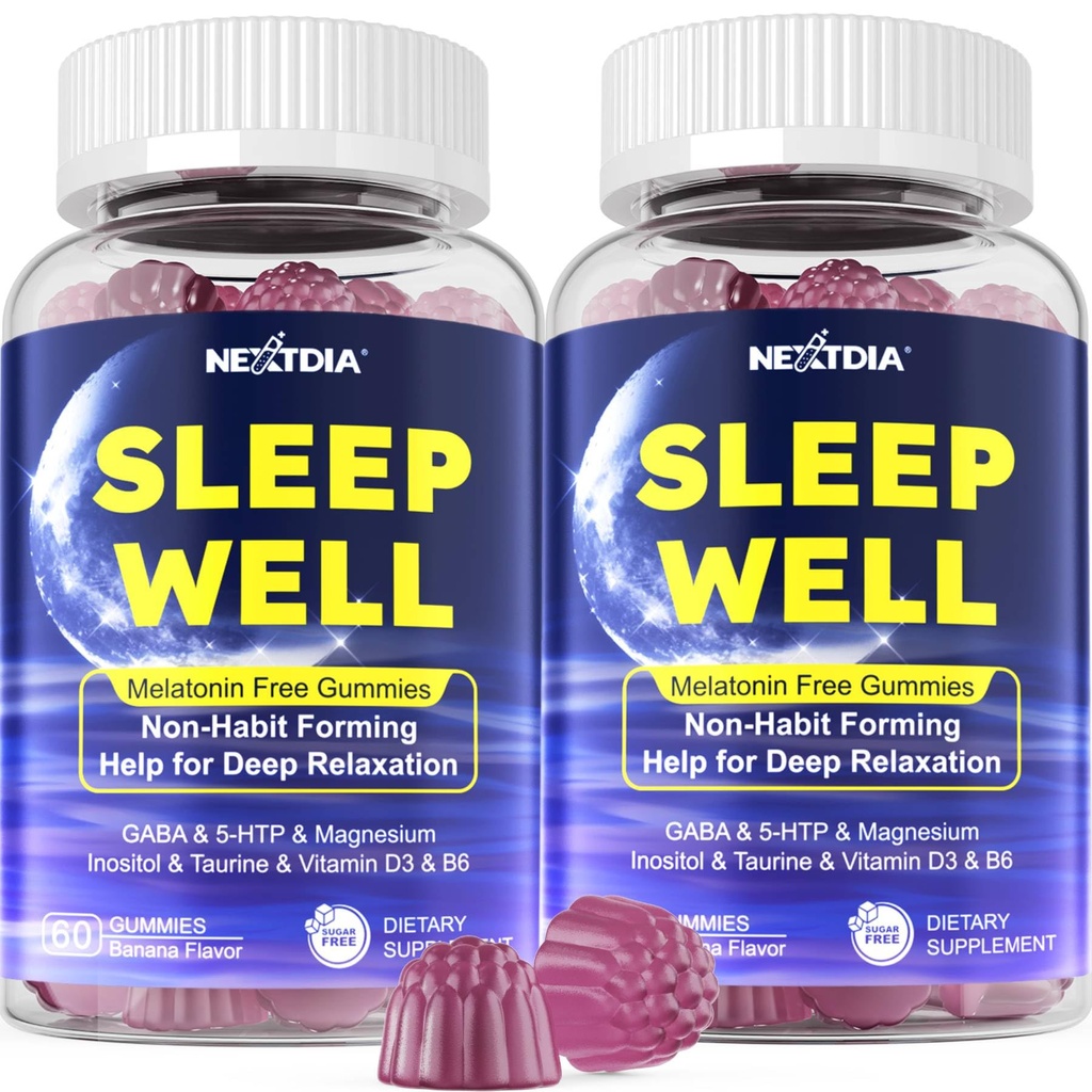 Nextdia Melatonin Free Sleep Gummies with Magnesium Glycinate, GABA, 5-HTP, L-Theanine, Valerian, Chamomile, Lemon Balm, Vitamin D3 & B6 - Hormone & Drug- Free, Non-Habit Forming,2 Pack