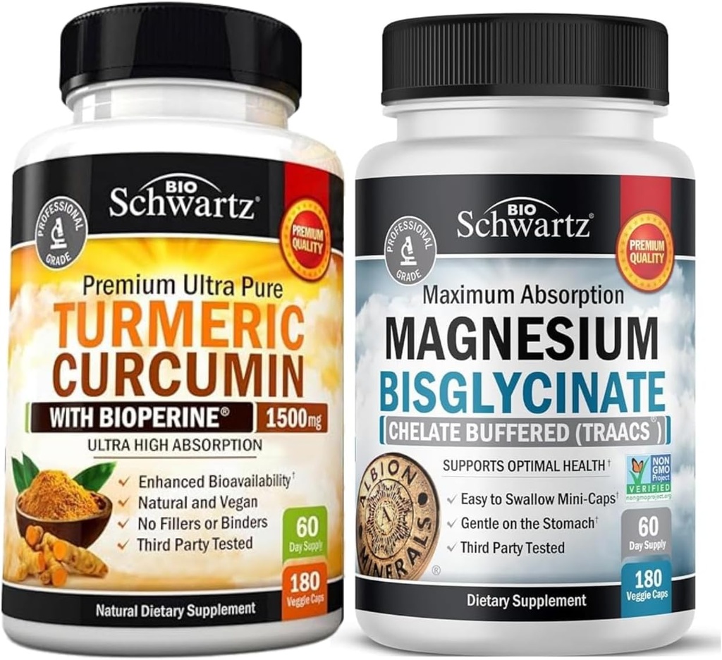 Curcumina Turmérica con Pepper Negro Extracto 1500mg Complejo (1 Mes de Suministro) Plus Alta Absorción Magnesium Bisglycinate Capsules (2 Mes de Suministro)