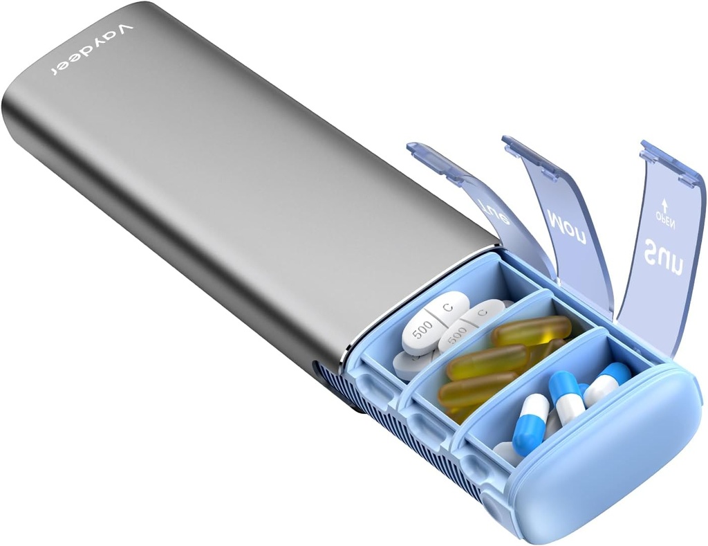 Vaydeer Metal Travel Pill Organizer, 7 Day Weekly Pill Box, Large Capacity Daily Cute Pill Fund for Supplements, Pills, Vitamins and Medication (Small,Gray)