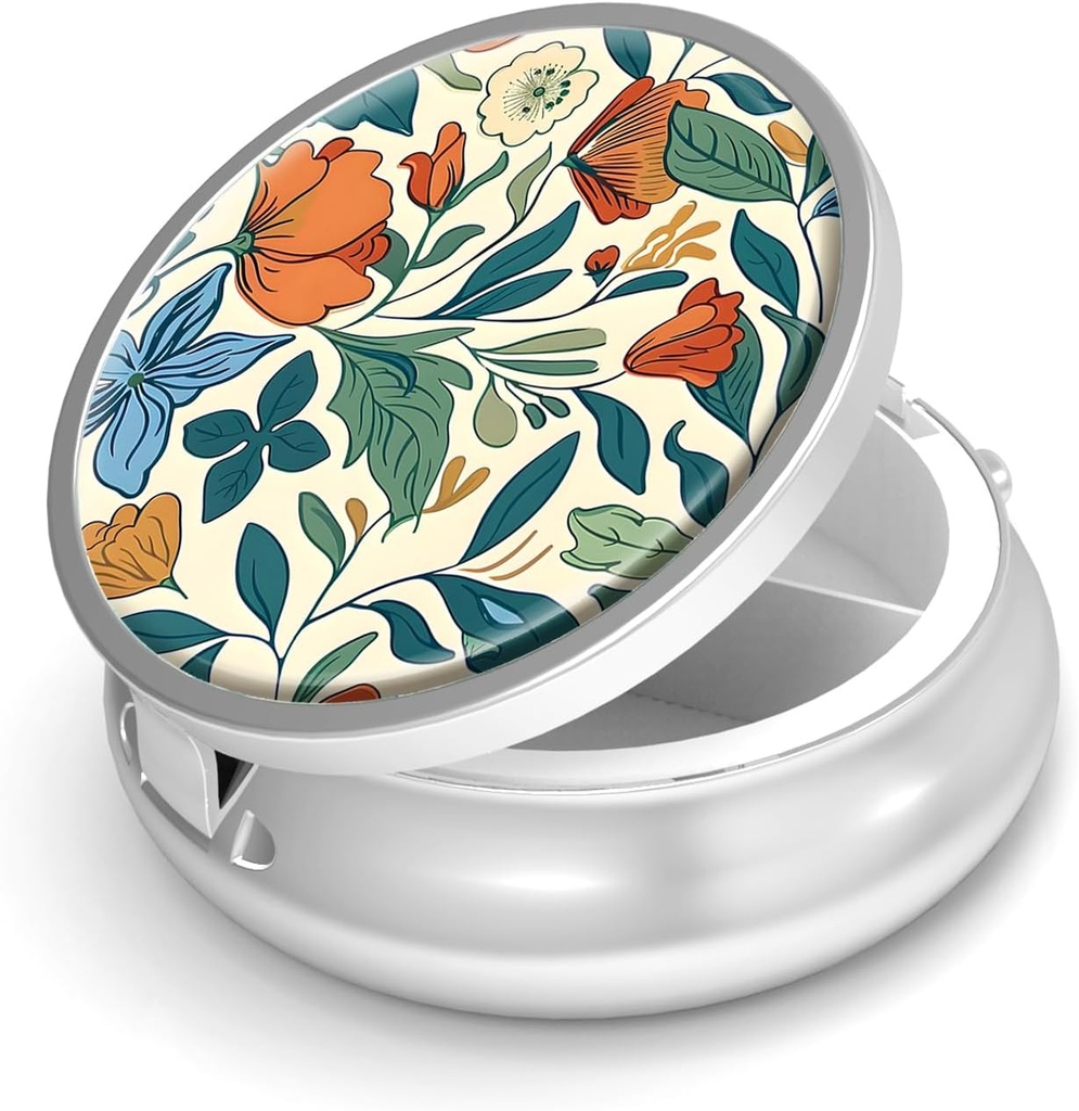 Pill Box-3 Compartment Small Pill Case for Purse & Pocket Mini Metal Pill Holder Travel Pill Container to Hold Supplements Vitamins BPA-Free (Floral Pattern)