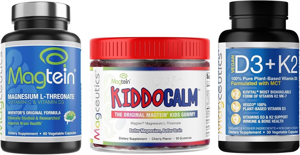 Magtein Magnesium L-Threonate 60 Capsules, Magceutics KIDDOCALM Gummies para niños 90 cápsulas, vitamina D3 K2 con MCT 30 cápsulas - Bundle