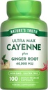 La verdad de la naturaleza Cayenne Pepper Capsules ¦ 40,000 HU TENED 100 Cuenta Silencio con Ginger Root