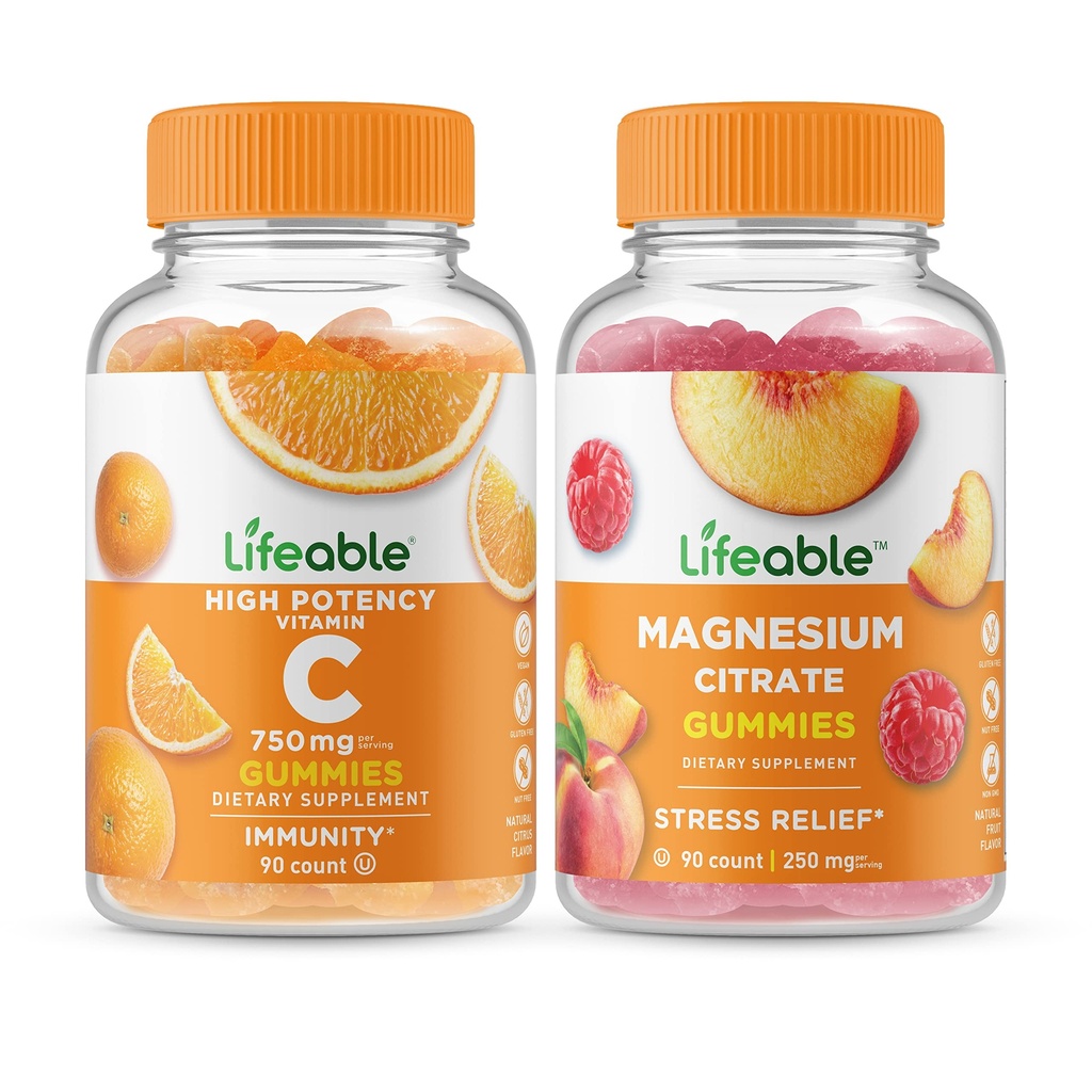 Lifeable Vitamin C 750mg + Magnesium 85mg, Gummies Bundle - Great Tasting, Vitamin Supplement, Gluten Free, GMO Free, Chewable Gummy