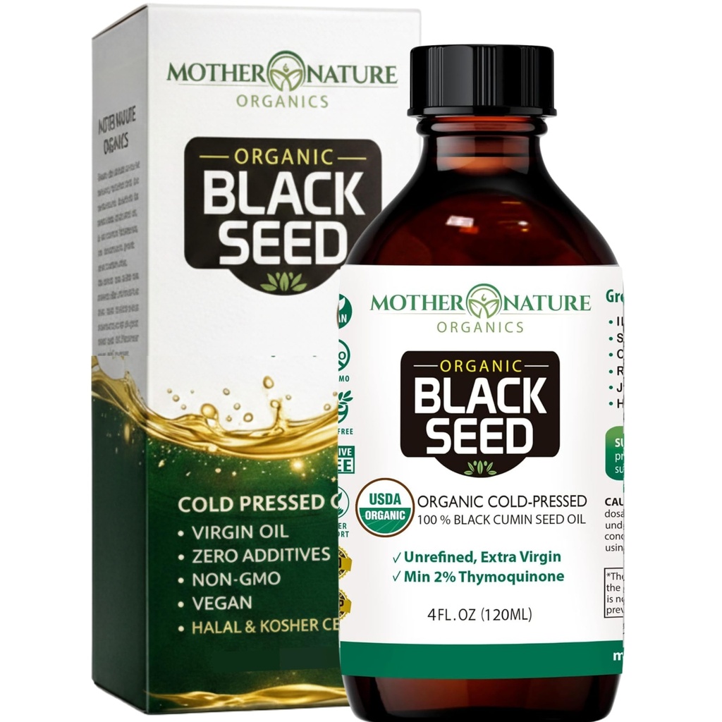 Madre Naturaleza USDA Orgánica de semillas negras – Cold Presionado, sin refinar & Vegan Nigella Sativa, High Thymoquinone (2%+), Omega 3 6 9 para Immune, Conjunto " Apoyo al Corazón, Piel " , No GMO, 4oz