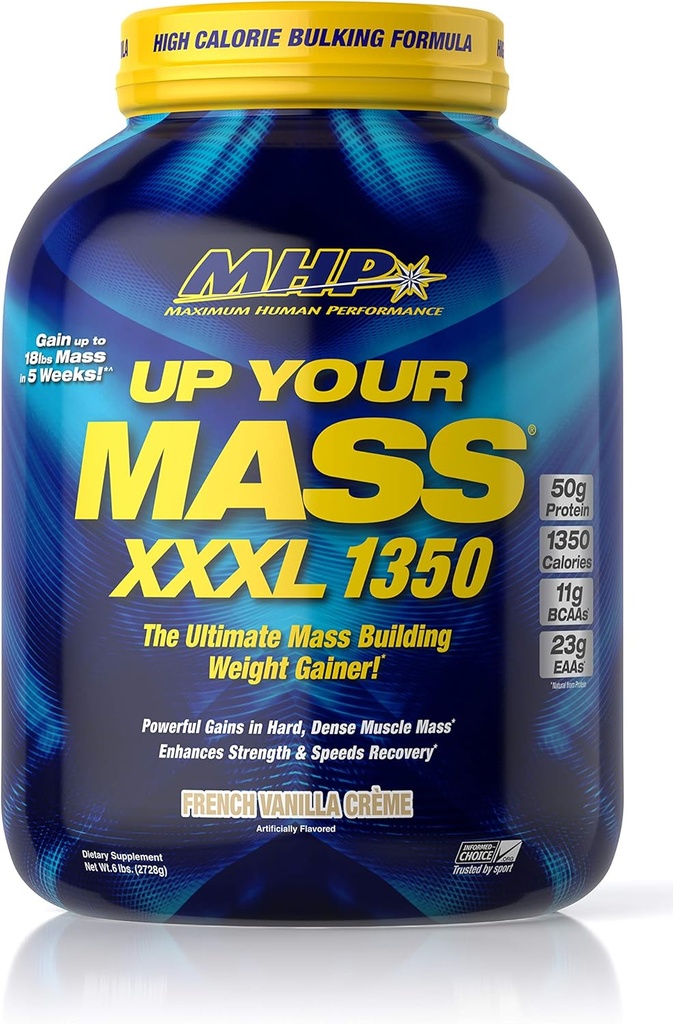 [BRSWGFITA56QKDQZ] Maximum Human Performance MHP UYM XXXL 1350 Mass Building Weight Gainer, Muscle Mass Gains, w/50g Protein, High Calories, 11g BCAAs, Leucine, French Vanilla Creme, 8 Servings