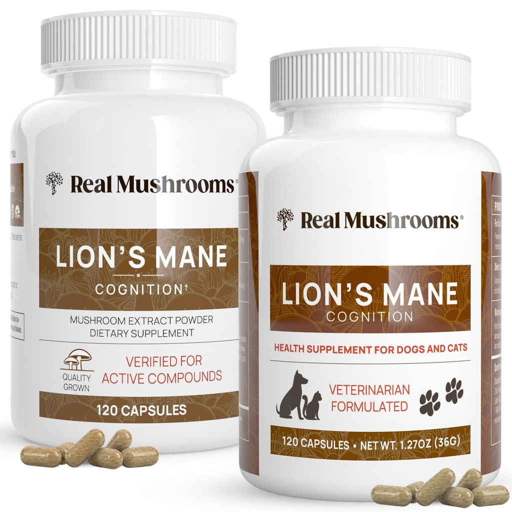 Real Mushrooms Lions Mane for Humans (120ct) and Pets (120ct) - Bundle for Cognition & Immunity - Vegan, Non-GMO, Gluten-Free, Grain-Free Mushroom Extract Suplementos