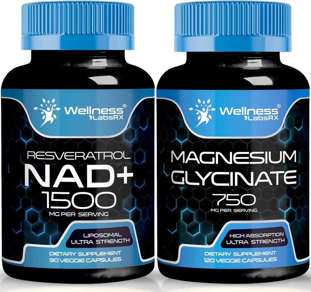 Magnesium Glycinate Capsules - 750mg - Suplemento Magnesium High Absorption Suplemento  NAD Suplemento, 1500mg - Liposomal NAD+ Suplemento con Resveratrol