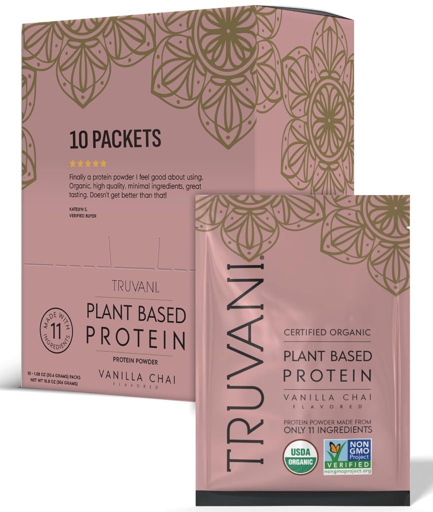 Truvani Vegan Pea Protein Powder ← Vanilla Chai Silencio 20g Orgánica Planta Basada Proteína Silencio Única Sirviendo Packets de Viaje Silencio 10 Serviciones ← Keto TENIDO Gluten & Dairy Gratis Silencio Bajo Carb Silencio No Añadido Sugar