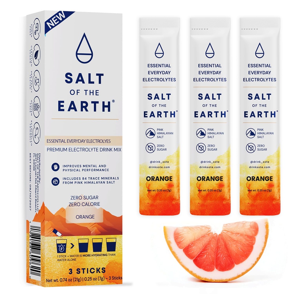 Salt of the Earth Premium Zero-Sugar Electrolyte - Made with Pink Himalayan Salt - Hydration Powder Packets ← Ingredientes Premium TEN Keto & Paleo Friendly TEN 3 Sticks, Orange