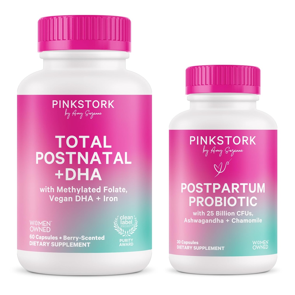 Pink Stork Postnatal Multivitamínico + Probióticos con Vegan DHA, Ashwagandha, Hierro, Folato, B12 - Apoya el equilibrio hormonal, recuperación postparto, Gut Health, " Digestión - Pack of 2