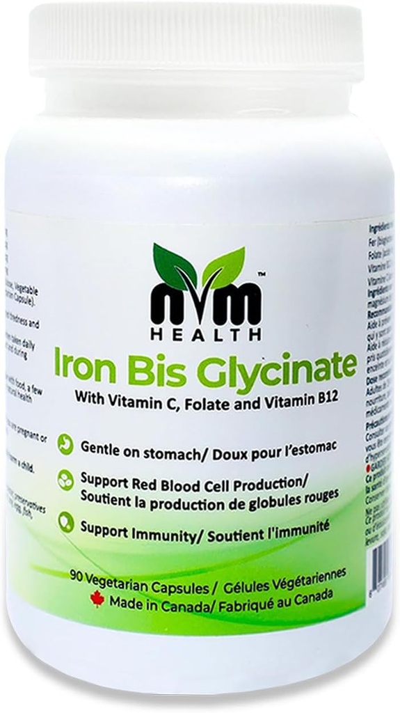 Suplemento de hierro suave para adultos I toron bisglycinate with Vitamin C, B12, Folic Acid I Supports Red Blood Cell Formation " boosts Immunity - 90 Vegeterian Capsules, Gluten Free