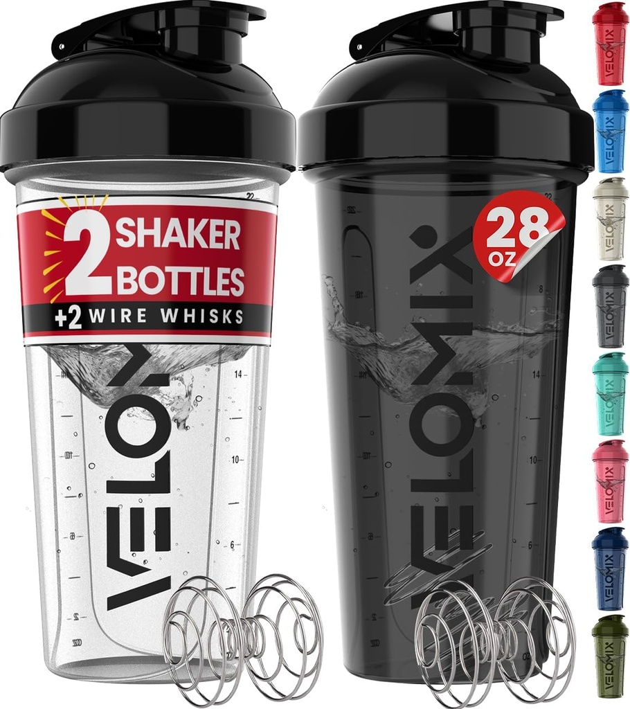 -2 Pack- 28 oz Protein Shaker Botellas para Protein Mixes - 2x Wire Whisk ¦ Leak Proof Shaker Cups for Protein Shakes ¦ Protein Shaker Bottle Pack (Black/Transparent)