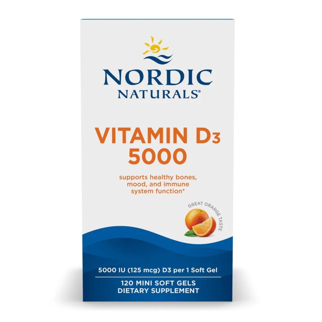Naturales nórdicos Vitamina D3 5000, Naranja - 120 Mini geles blandos - 5000 UI Vitamina D3 - Soportes Huesos saludables, Mood &amp; Immune Función del sistema - No GMO - 120 Servimientos