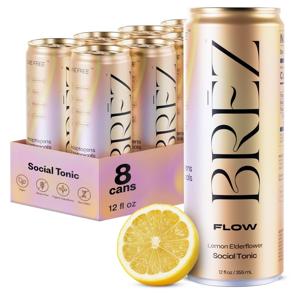 BREZ FLOW Bebida de Mushroom Mane Lion, 8-Pack, No Infundida, Adaptógenos, Alivio, Levantamiento y Social, Sparkling Lemon Elderflower Tonic 12 Fl oz
