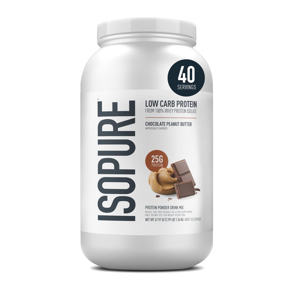 Isopure Low Carb 100% Pure Whey Isolate Protein Powder, Lactose Free, Gluten Free, With Vitamins, Chocolate Peanut Butter, 25g Protein Por Serving, 3 Lbs, 40 Servings (Packaging May Vary)