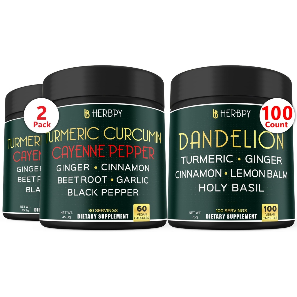 Bundle 7in1 Turmeric Curcumin &amp; 6in1 Dandelion Supplement - Support Heart, Digestion Health and Immune System