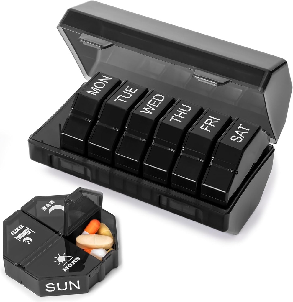Organizador semanal de píldoras 4 veces al día, Caja de gran pill 7 días Caja de carga diaria con 28 Compartimientos extra grandes Contenedor de píldoras de viaje portátil Gran organizador de medicina para suplemento vitamina (negro)